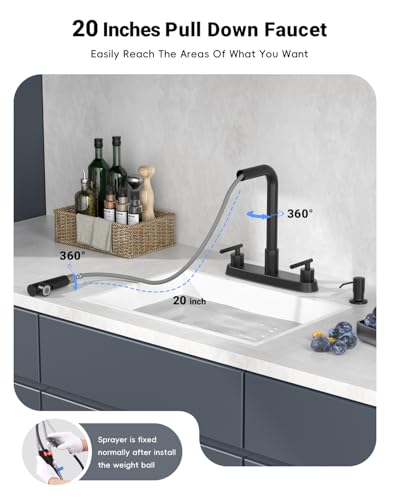 APPASO Black Kitchen Faucets Kitchen Faucet with Sprayer 4 Hole 2 Handle Kitchen Faucets Matte Black Kitchen Sink Faucet for 3 Hole 8 inch with Water Lines 360 Rotating Spout with Dual Function - Image 3