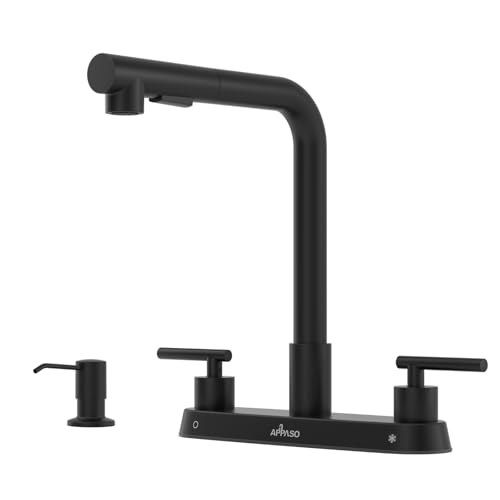 APPASO Black Kitchen Faucets Kitchen Faucet with Sprayer 4 Hole 2 Handle Kitchen Faucets Matte Black Kitchen Sink Faucet for 3 Hole 8 inch with Water Lines 360 Rotating Spout with Dual Function - Image 1