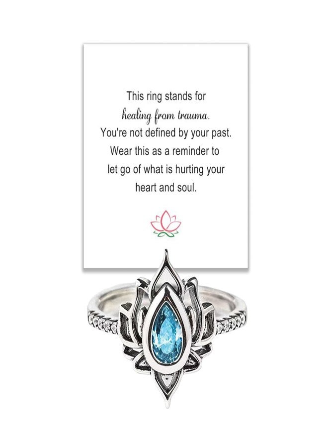 Decixde Lotus Ring for Women Lotus Flower Ring My Trauma Ring Lotus Promise Ring Zircon Inlaid Flower Ring Inspirational Ring Statement Floral Jewelry Gift (blue, 8) - Image 1