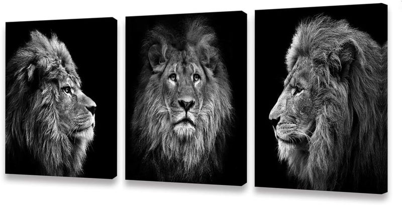 Muolunna Wall Art Black and White Lion Head Portrait Wall Art Painting Pictures Print 3 Pieces Canvas Animal for Bedroom Living Room Office Wall Decor Home Decoration Framed Ready to Hang - Image 1