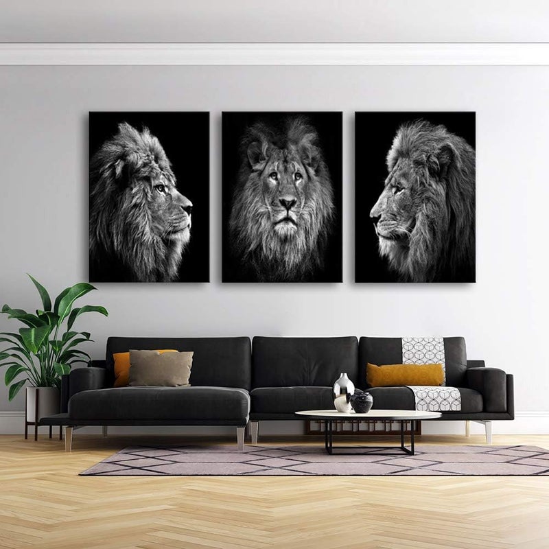 Muolunna Wall Art Black and White Lion Head Portrait Wall Art Painting Pictures Print 3 Pieces Canvas Animal for Bedroom Living Room Office Wall Decor Home Decoration Framed Ready to Hang - Image 3