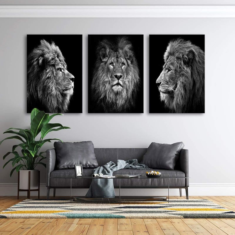 Muolunna Wall Art Black and White Lion Head Portrait Wall Art Painting Pictures Print 3 Pieces Canvas Animal for Bedroom Living Room Office Wall Decor Home Decoration Framed Ready to Hang - Image 2