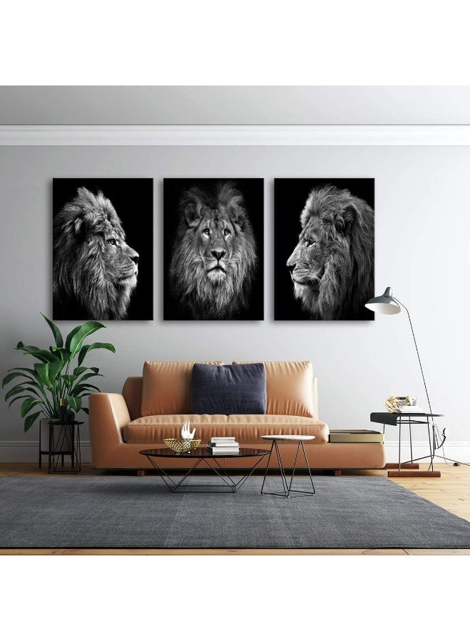 Muolunna Wall Art Black and White Lion Head Portrait Wall Art Painting Pictures Print 3 Pieces Canvas Animal for Bedroom Living Room Office Wall Decor Home Decoration Framed Ready to Hang - Image 4