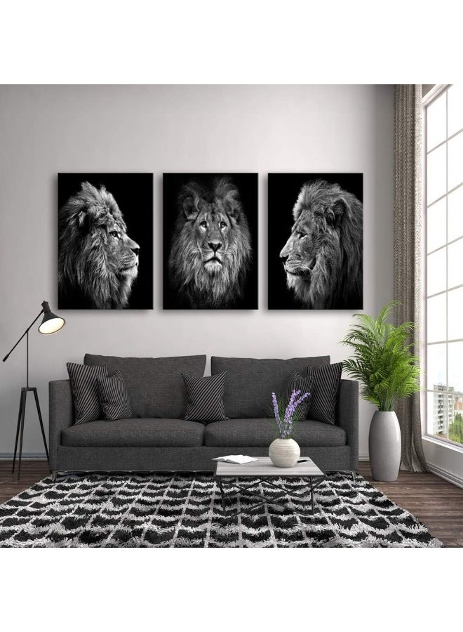 Muolunna Wall Art Black and White Lion Head Portrait Wall Art Painting Pictures Print 3 Pieces Canvas Animal for Bedroom Living Room Office Wall Decor Home Decoration Framed Ready to Hang - Image 5
