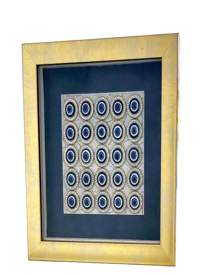 لوحة جدارية مزخرفة على شكل عين شريرة، إطار ذهبي مع حافة زرقاء داكنة، 25 عين شريرة مرصعة بأحجار الراين الكريستالية، صندوق عرض مربع - Image 1