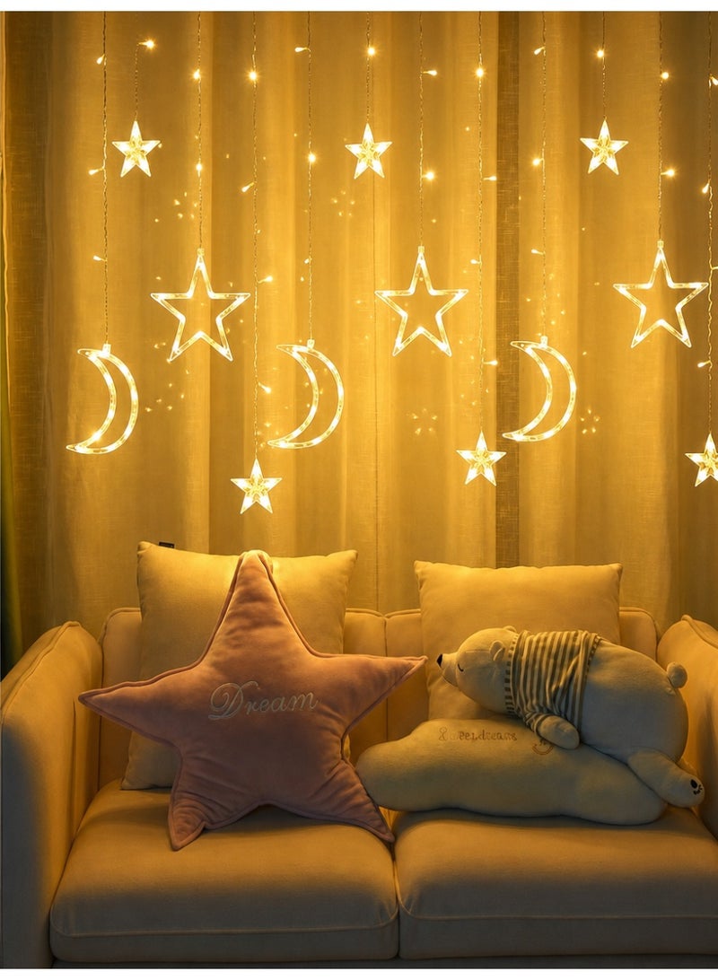 LED Curtain Lights,Outdoor Decorative String Lights,Star & Moon String Lights, Warm White Decorative Night Light for Window, Kids' Bedroom, Patio, Porch, Camping & Guest Room - Image 1
