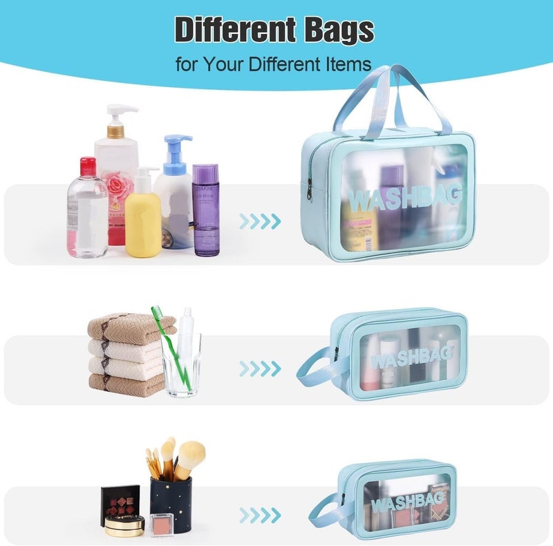 Fomoholic Clear Toiletry Travel Bags Set of 3, Transparent Washbag with Handles, Cosmetic Organizer Cases, Large Medium Small - Blue - Image 4