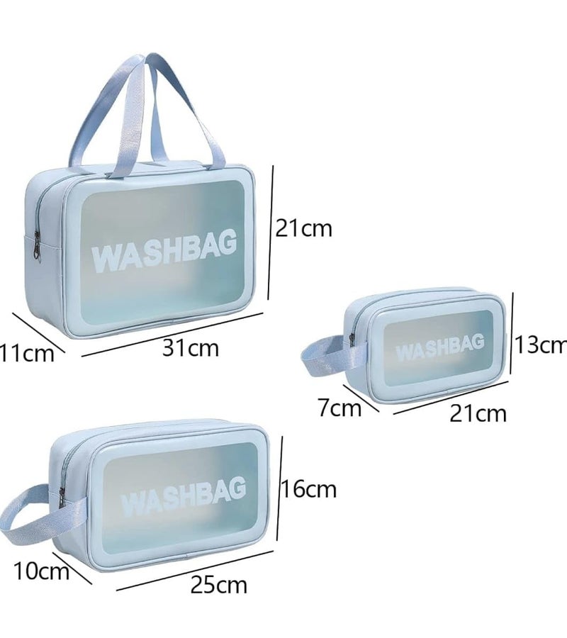 Fomoholic Clear Toiletry Travel Bags Set of 3, Transparent Washbag with Handles, Cosmetic Organizer Cases, Large Medium Small - Blue - Image 2