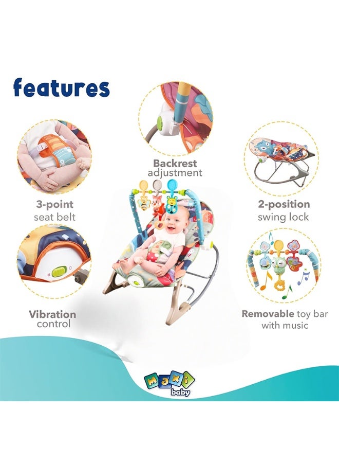 Baby Bouncer Seat, Baby Rocker, Swings and Vibrations seat for Infants, Portable Baby Swing with Music Box and Toys, Adjustable Multi Position, Newborn to Toddler, squirrel