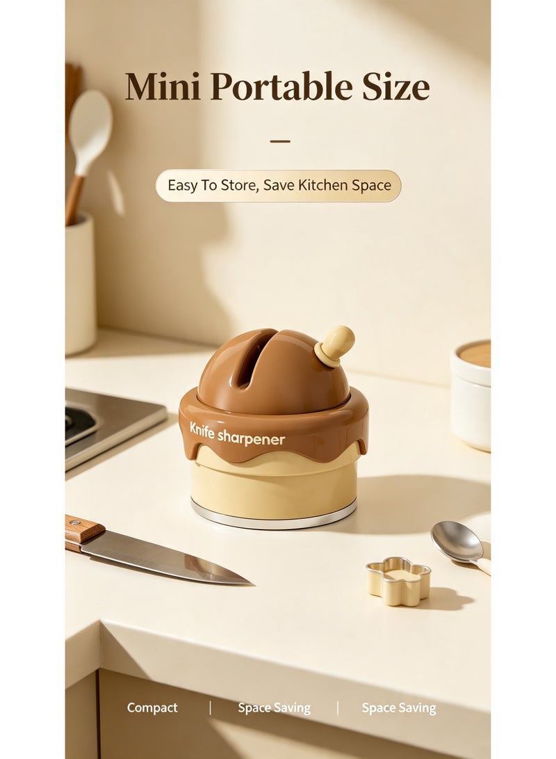 HPMY Mini Knife Sharpener, Coarse & Fine Blade Sharpener with Suction Base, Portable Kitchen Sharpening Tool for Knives - Brown - Image 3