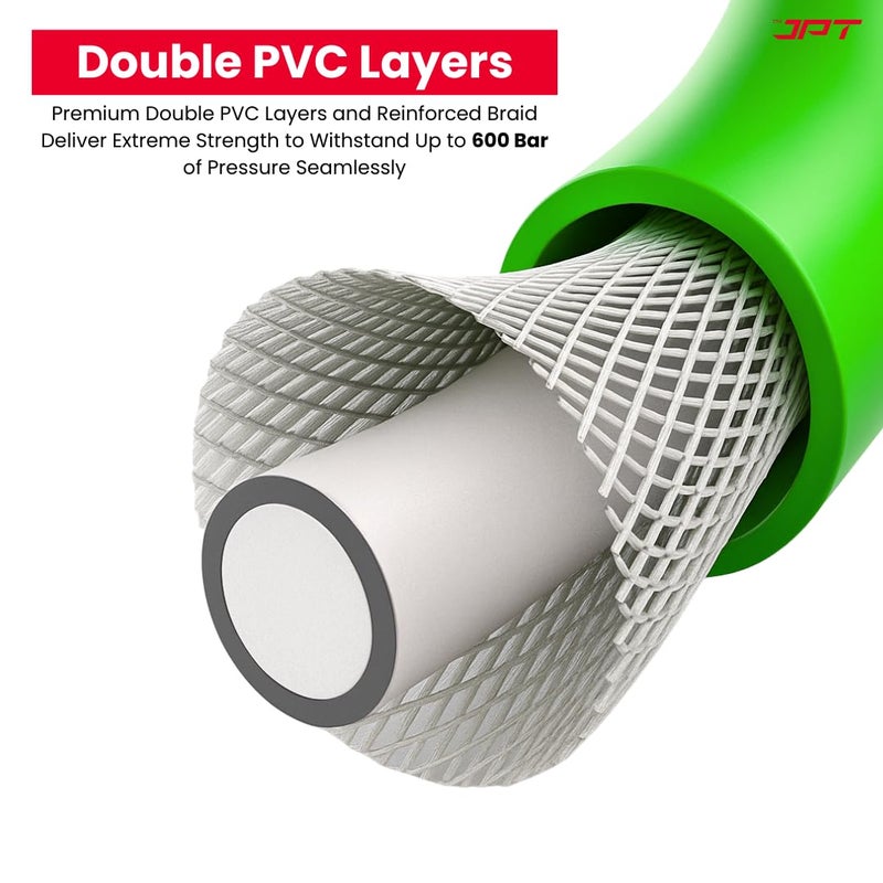 JPT خرطوم غسيل ضغط عالي مرن 15 متر فائق التحمل | معيار ألماني خيوط M22 x 15 مم | حتى 600 بار / 8700 PSI | بناء بطبقتين من PVC | تصميم خالي من التشابك والانحناءات - Image 4