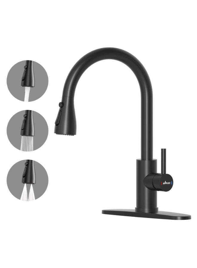 صنبور مطبخ أسود غير لامع، صنبور حوض مطبخ مع رشاش سحب للأسفل بمقبض واحد من الفولاذ المقاوم للصدأ للاستخدام التجاري الحديث لحوض غسيل السيارات الريفية أو البار أو المغسلة بفتحة واحدة أو ثلاث فتحات - Image 1