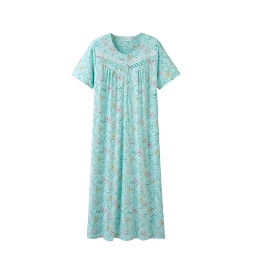 Keyocean Nightgowns for Women, Soft Cotton Lightweight Short Sleeves Ladies Sleeping-gown, Lotus Leaves on Light Green, Large(L) - Image 1