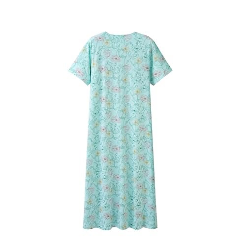 Keyocean Nightgowns for Women, Soft Cotton Lightweight Short Sleeves Ladies Sleeping-gown, Lotus Leaves on Light Green, Large(L) - Image 2