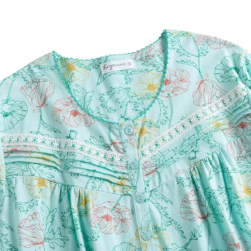 Keyocean Nightgowns for Women, Soft Cotton Lightweight Short Sleeves Ladies Sleeping-gown, Lotus Leaves on Light Green, Large(L) - Image 3