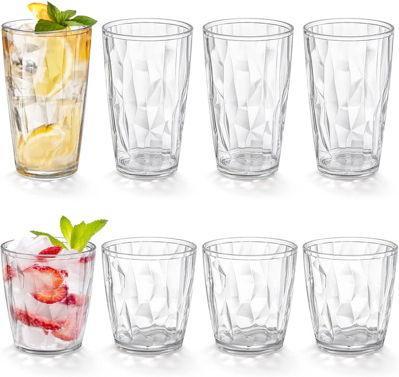 Hedume Set of 8 Plastic Water Tumblers, 4 Pack 500ml and 4 Pack 300ml Transparent Unbreakable Drinking Glasses, Clear Acrylic Reusable Juice Wine Cups Stackable for Home, Picnic Party - Image 1