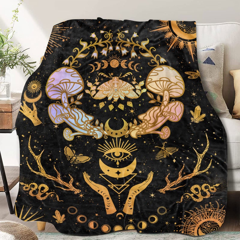 Mushroom Decor Moth Moon Blanket Witch Gifts for Women Zodiac Witchy Hippie Fleece Blanket Gothic Gifts Sun Moon Throws Blanket 60x 50