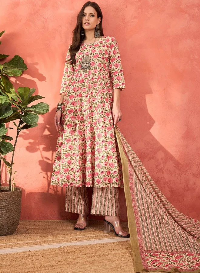 SASSAFRAS Floral Printed A-Line Kurta With Trousers & Dupatta For Women