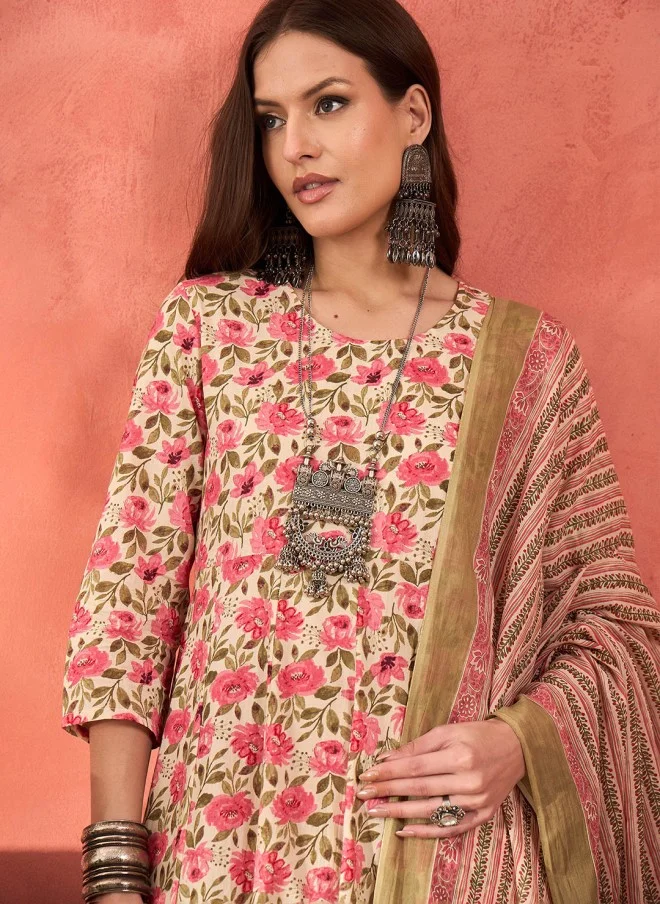 SASSAFRAS Floral Printed A-Line Kurta With Trousers & Dupatta For Women