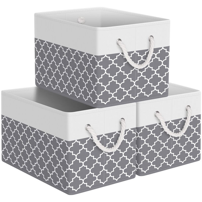 StorageTastic Storage Bin,Collapsible Storage Basket For Organizing,Large Storage Boxes With Rope Handles,Storage Containers,Clover Grey,3 Pack - Image 1