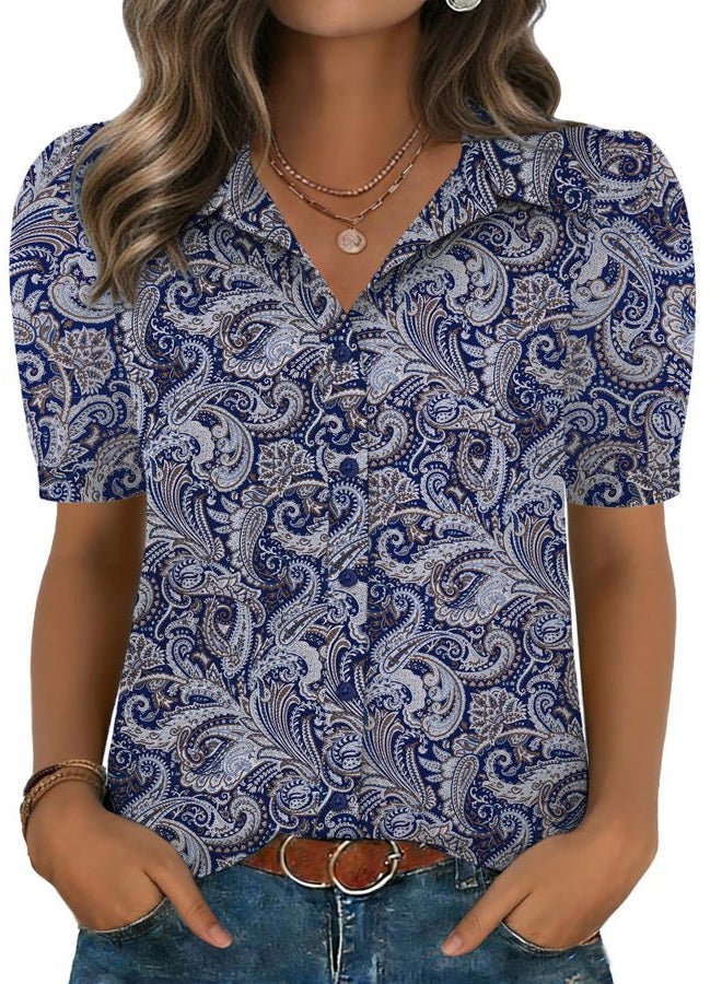 zeagoo Blouse for Women Puff Short Sleeve Shirts Business Casual Printed Chiffon Tops Summer Spring Work Clothes, Bohemia-mz473, L - Image 1