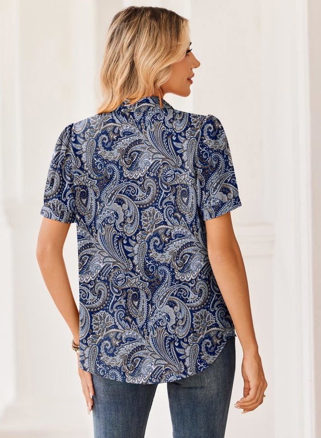 zeagoo Blouse for Women Puff Short Sleeve Shirts Business Casual Printed Chiffon Tops Summer Spring Work Clothes, Bohemia-mz473, L - Image 5