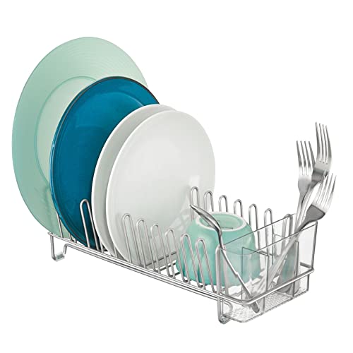 mDesign Kitchen Sink Dish Drainer – Small Metal and Plastic Dish Rack for Kitchen Sink – Ideal for Plates and Cutlery Basket – Chrome/Clear - Image 1