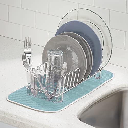 mDesign Kitchen Sink Dish Drainer – Small Metal and Plastic Dish Rack for Kitchen Sink – Ideal for Plates and Cutlery Basket – Chrome/Clear - Image 3