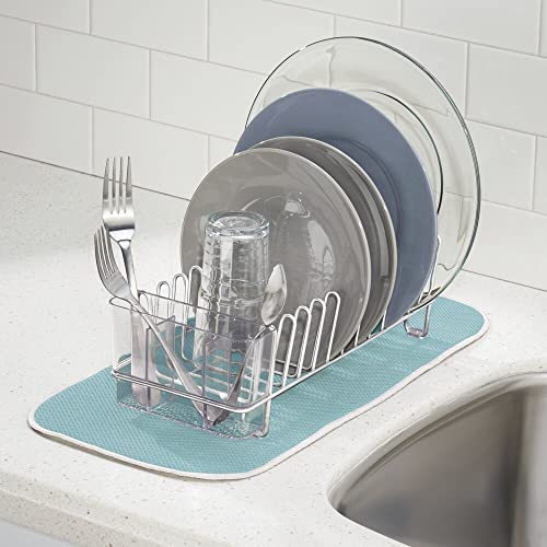 mDesign Kitchen Sink Dish Drainer – Small Metal and Plastic Dish Rack for Kitchen Sink – Ideal for Plates and Cutlery Basket – Chrome/Clear - Image 2