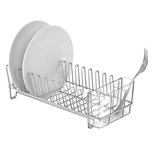 mDesign Kitchen Sink Dish Drainer – Small Metal and Plastic Dish Rack for Kitchen Sink – Ideal for Plates and Cutlery Basket – Chrome/Clear - Image 4