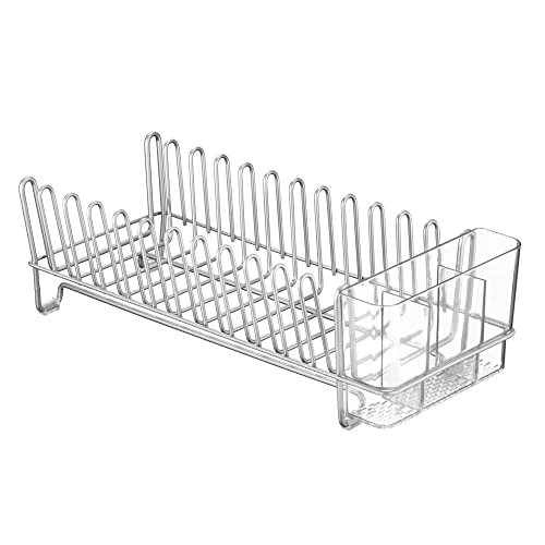 mDesign Kitchen Sink Dish Drainer – Small Metal and Plastic Dish Rack for Kitchen Sink – Ideal for Plates and Cutlery Basket – Chrome/Clear - Image 5