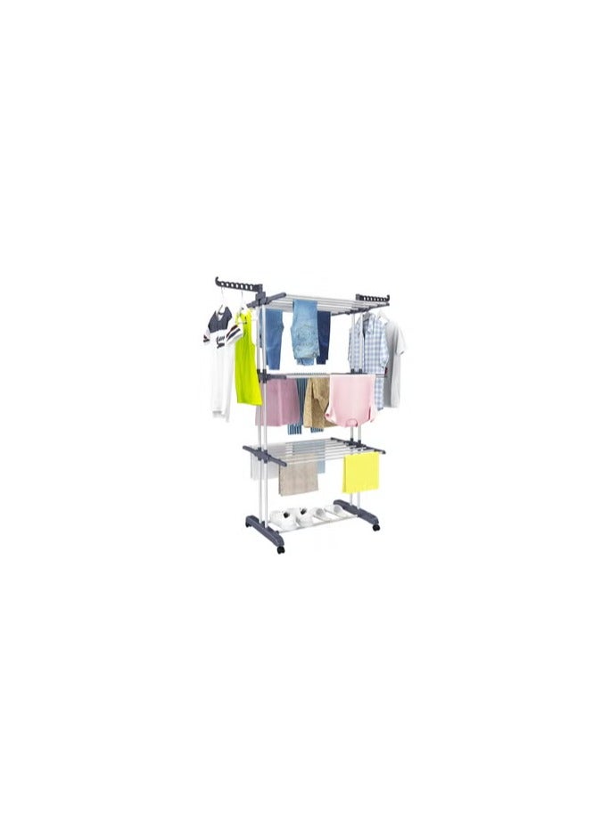 کاتانس Clothes Drying Rack, Large 4-tier Collapsible Clothes Airer Indoor and Outdoor Retractable Garment Laundry Rack With Foldable Wings and Lockable Casters / Grey Color - Image 2