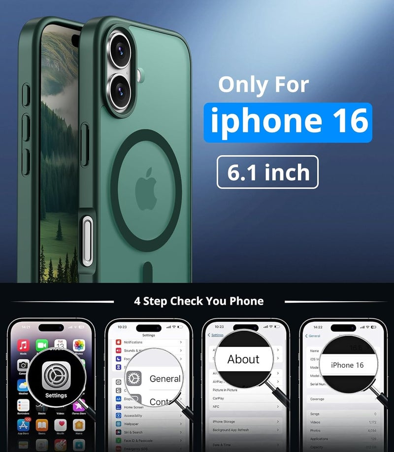 Vansdon Magnetic for iPhone 16 Case with 1 Protective Glass, Compatible with Magsafe, Military Standard Drop Protection, Translucent Matte Back, Shockproof Mobile Phone Case for iPhone 16, Dark Green - Image 4