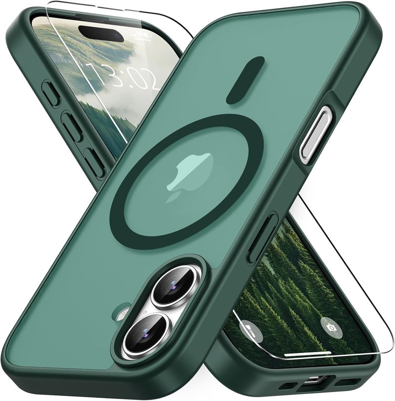 Vansdon Magnetic for iPhone 16 Case with 1 Protective Glass, Compatible with Magsafe, Military Standard Drop Protection, Translucent Matte Back, Shockproof Mobile Phone Case for iPhone 16, Dark Green - Image 1
