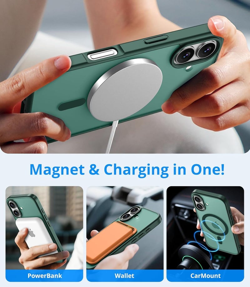 Vansdon Magnetic for iPhone 16 Case with 1 Protective Glass, Compatible with Magsafe, Military Standard Drop Protection, Translucent Matte Back, Shockproof Mobile Phone Case for iPhone 16, Dark Green - Image 3