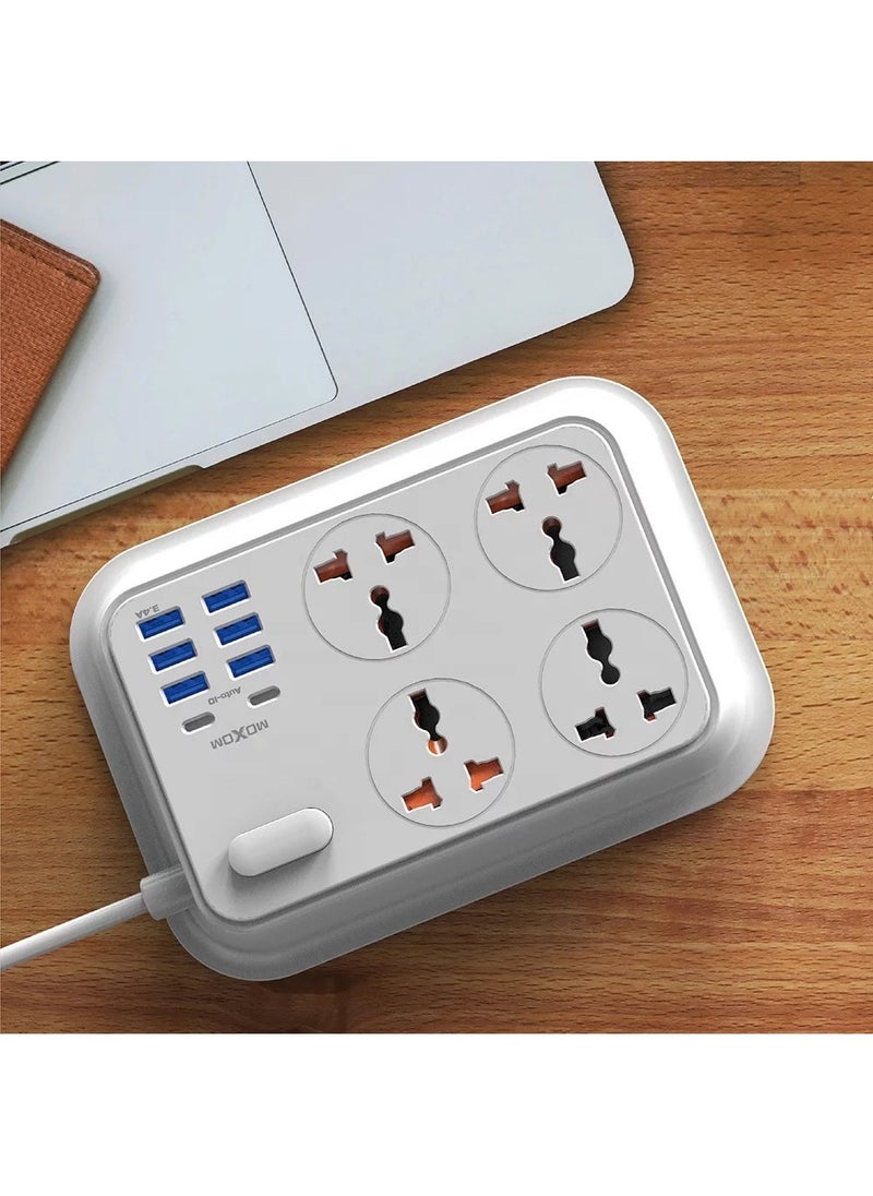MOXOM Power Strip with 4 Anti Static Sockets, 6 USB, 2 Type C Ports, 2 Meter Length, White MX-ST06  - Image 1