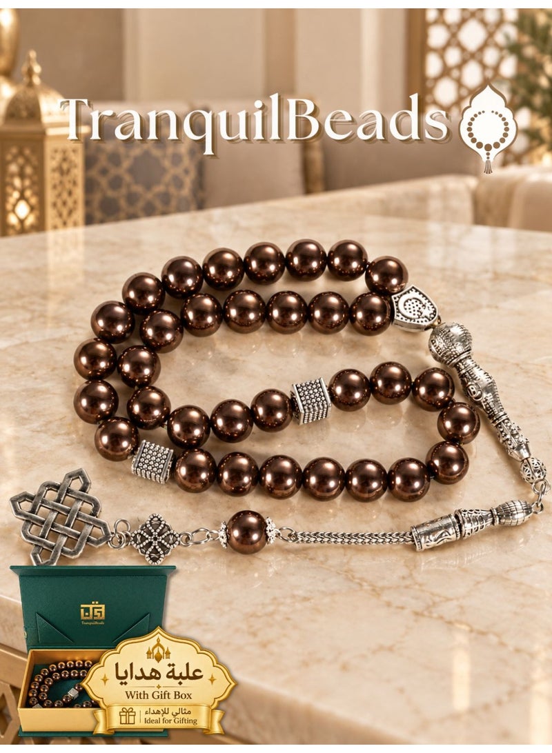 TranquilBeads Hematite Tasbih 33 Beads Misbaha Prayer Beads with Slivery Tassel, Gift for Men Father Husband, Ramadan Eid Birthday Gift Box - Image 1