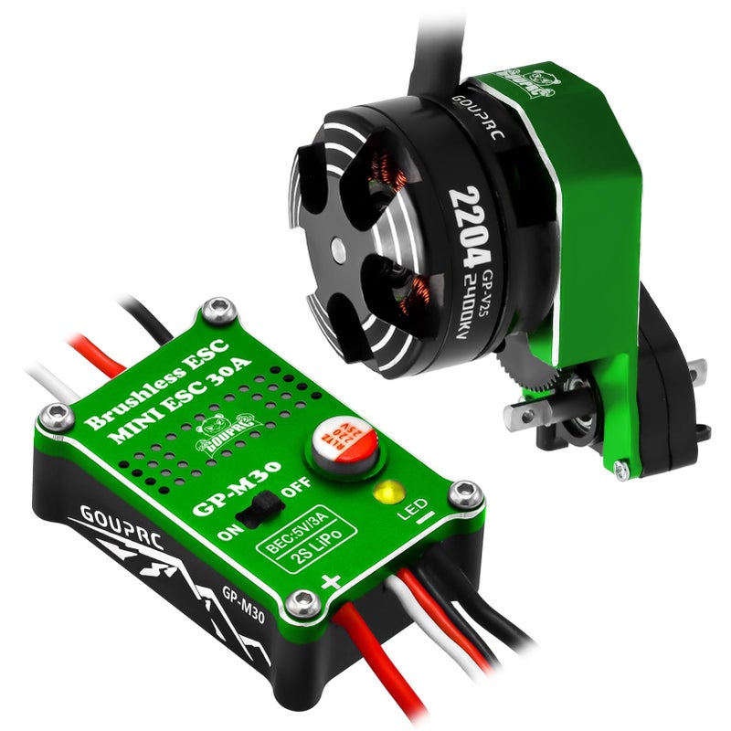 محرك خارجي بدون فرشاة GOUPRC 2204 2400KV مع ناقل حركة و30A Esc صغير بدون فرشاة لجهاز SCX24 للتحكم عن بعد الزاحف المحوري 1/24 أسود وأخضر - Image 1