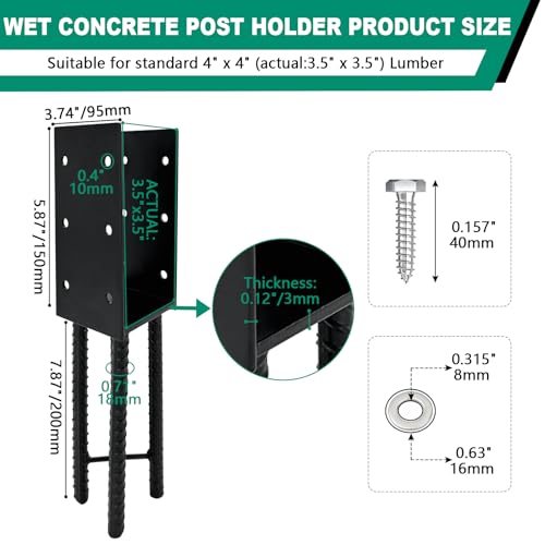 VoTwoofv U-Shape Wet Concrete Post Holder for 4"x4" (Actual 3.5"x3.5") Lumber,Heavy Duty Post Bracket Anchor for Wood Fence,Railing,Pergola (4pack-Matte Black)… - Image 2