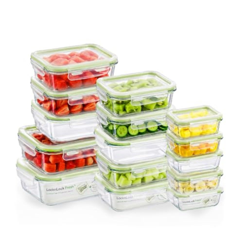 Fresh Oven-Safe Glass Rectangular Food Container 15-Piece Set Airtight Leakproof Lids, Microwave, Oven, Air Fryer and Freezer Safe, Stackable Glass Meal Prep Containers