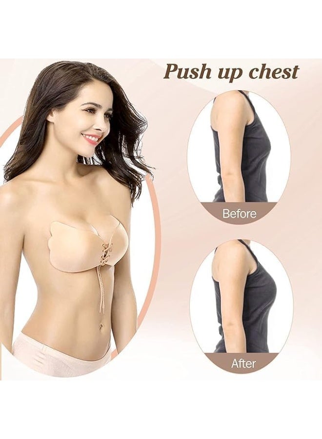 Silicone Adhesive Bra With Adjustable Drawstring For Women And Girls - Push up Strapless Backless Silicone/Fabric Invisible Bra for Women Reusable (Size: D) (Beige) - Image 2