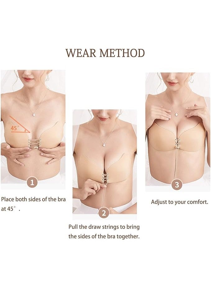 Silicone Adhesive Bra With Adjustable Drawstring For Women And Girls - Push up Strapless Backless Silicone/Fabric Invisible Bra for Women Reusable (Size: D) (Beige) - Image 5