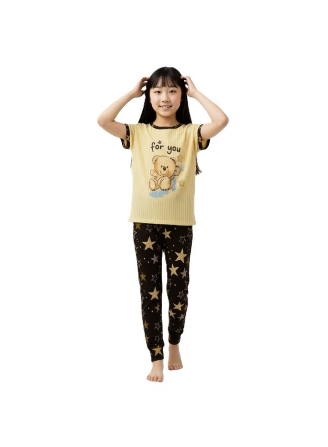 جوانا طقم بيجاما بناتي بطبعة لك، قميص بأكمام قصيرة وبنطال طويل، أصفر/أسود - Image 2