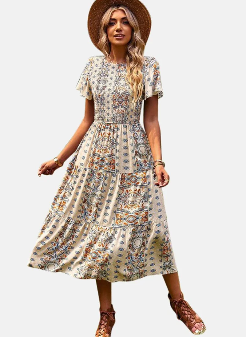 يونيكي Beige Printed A-Line Midi Dress
