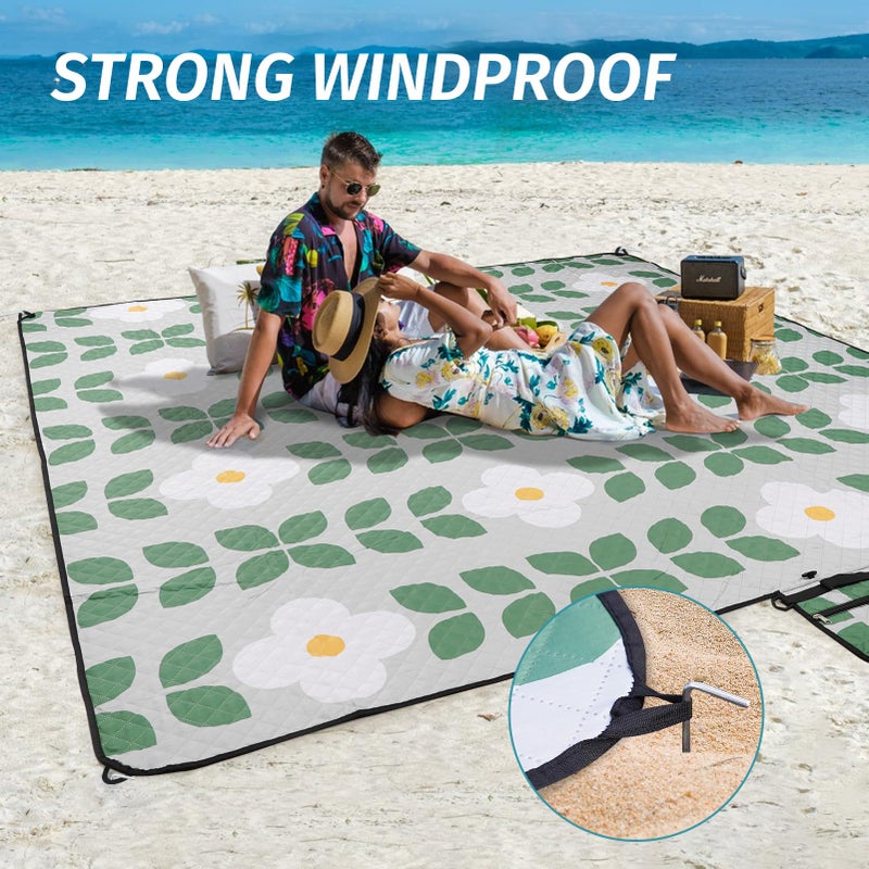 WICKERLAND Picnic Blankets Extra Large - Beach Blanket Waterproof Sandproof with Shoulder Strap, Machine Washable, Outdoor Blanket with Stakes for Grass Concert, Park, Lawn,Travel,Spring Summer.Green - Image 4