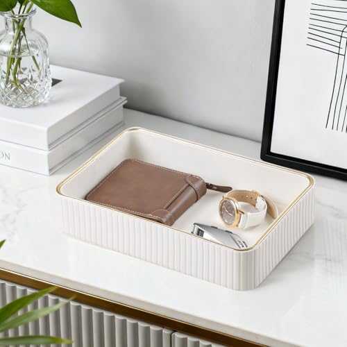 MEIBOOCH Desk Organizer Tray PU Leather Nightstand Organizer Perfume Valet Tray for Men Women Decorative Vanity Trays Trinket Dish Key Bowl for Entryway Table Ivory Medium - Image 3