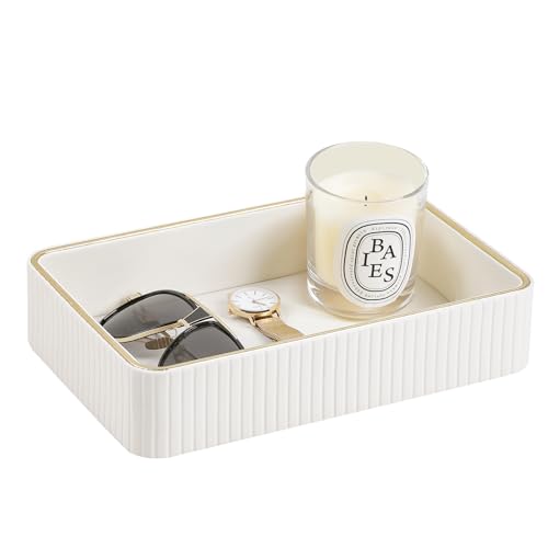 MEIBOOCH Desk Organizer Tray PU Leather Nightstand Organizer Perfume Valet Tray for Men Women Decorative Vanity Trays Trinket Dish Key Bowl for Entryway Table Ivory Medium - Image 1