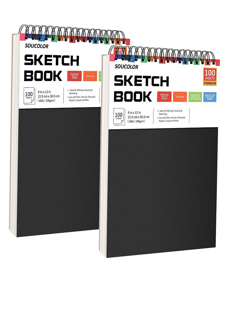 Excefore 9" x 12" Sketch Book, 2-Pack 100 Sheets Spiral Bound Art Sketchbook, Acid Free (68lb/100gsm) Artist Drawing Book Paper Painting Sketching Pad  - Image 1