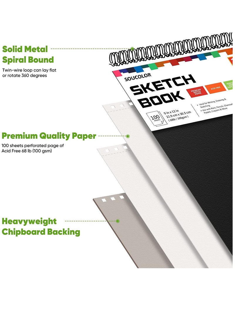Excefore 9" x 12" Sketch Book, 2-Pack 100 Sheets Spiral Bound Art Sketchbook, Acid Free (68lb/100gsm) Artist Drawing Book Paper Painting Sketching Pad  - Image 2