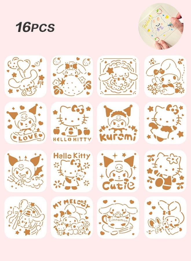 Organizer 16Pcs Drawing Stencil Set, Reusable DIY Art Templates for Kids & Adults, Cute Hello Kitty, Kuromi, My Melody & More, Perfect for Sketching, Painting & Crafting - Image 1